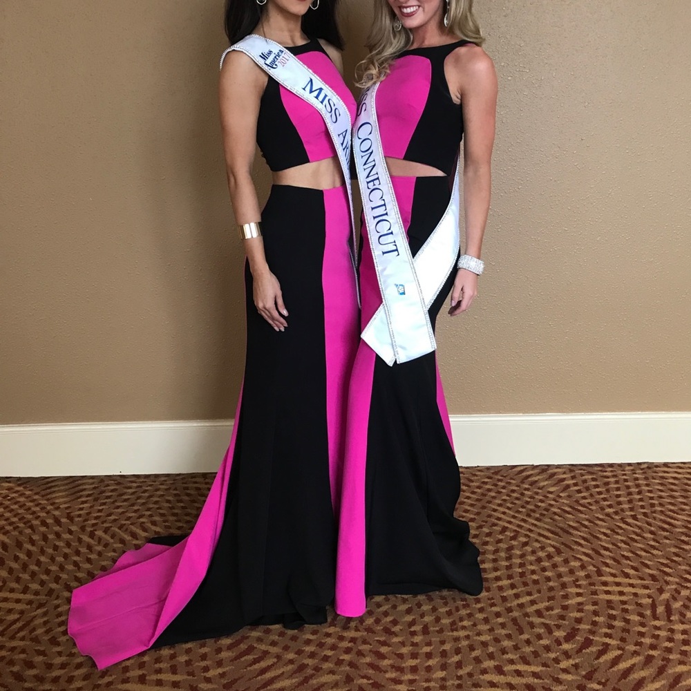 Size 00 Jovani Two Piece Gown Hot Pink and Black